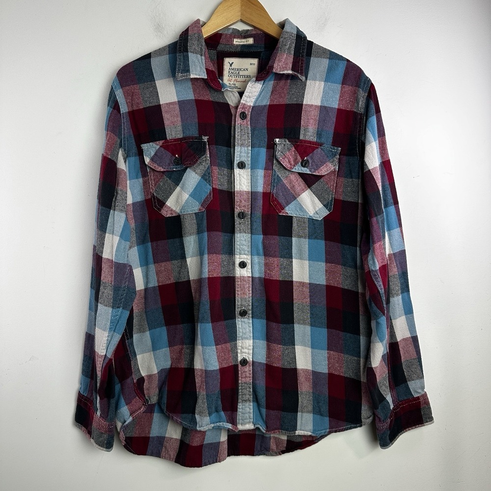 American Eagle 100% Cotton Men's Flannel Plaid Button-Down Athletic Fit Size XL